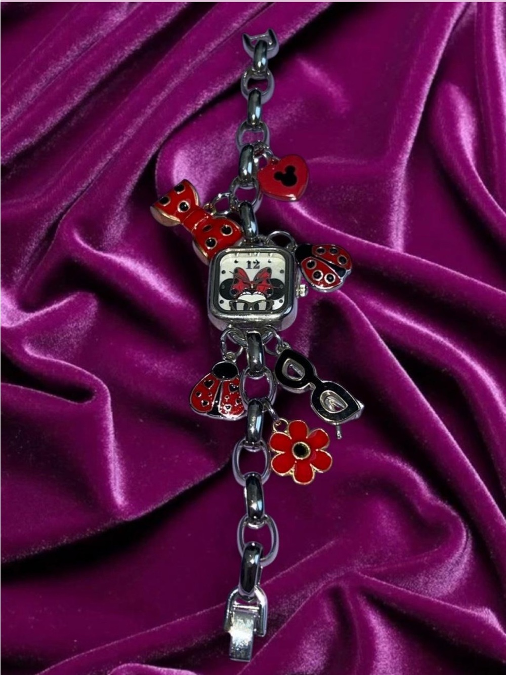 Minnie Mouse Vintage Red Charm Bracelet Watch with Floral and Ladybug Accents